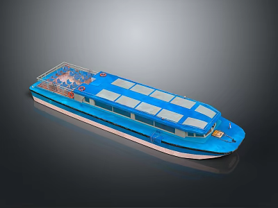 Blue Cruise Boat Exterior With Multiple Windows And Upper Deck Design 3d model