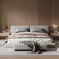 Modern Bedroom Interior With Wooden Panel Walls Accent Chair Area Rug And Recessed Lighting