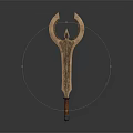 Golden Red Trident Weapon With Curved Top Spike And Wooden Grip Design