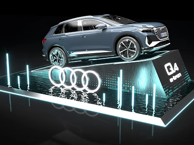 Audi Q4 e-tron Car on Display Platform with Illuminated Logo Blue Lighting and Water Reflection 3d model