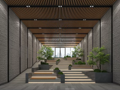 Modern Office Corridor With Gray Brick Walls Wooden Slat Ceiling Recessed Lights And Green Plants 3d model
