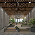 Modern Office Corridor With Gray Brick Walls Wooden Slat Ceiling Recessed Lights And Green Plants