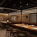 Traditional Japanese Restaurant Interior With Colorful Hanging Lanterns Wooden Tables And Shelves