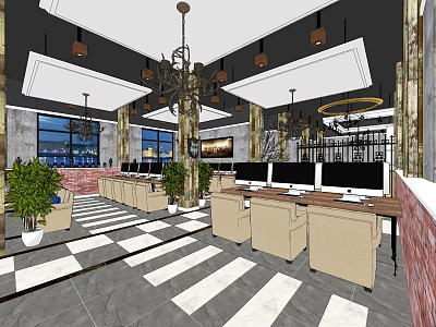 Modern Internet Cafe Interior With Computers Tables Chairs Chandelier And Checkered Floor 3d model