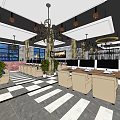 Modern Internet Cafe Interior With Computers Tables Chairs Chandelier And Checkered Floor