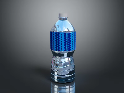 Transparent Plastic Water Bottle with Blue Wavy Pattern Label and White Cap for Daily Life 3d model