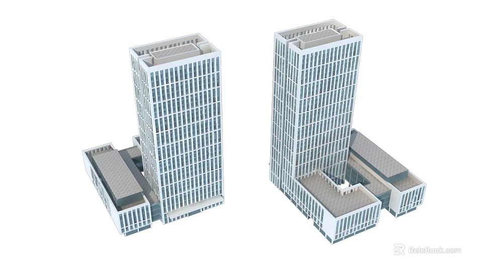 Modern Twin High Rise Office Buildings With Glass Windows And Adjacent Low Rise Structures 3d model 