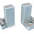 Modern Twin High Rise Office Buildings With Glass Windows And Adjacent Low Rise Structures