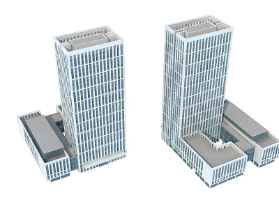 Modern Twin High Rise Office Buildings With Glass Windows And Adjacent Low Rise Structures 3d model