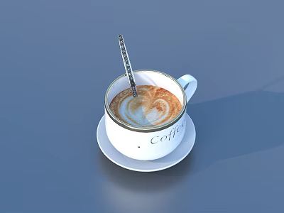 Delicious Coffee Drink in White Cup with Latte Art and Spoon on Saucer 3d model