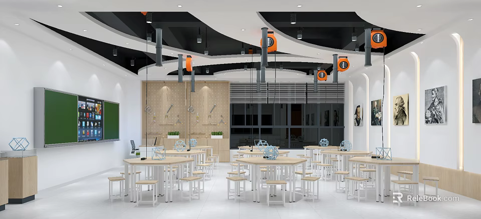 Modern Open Laboratory Interior Design With Tables Chairs Equipment Hanging Lights And Blackboard 3d model 