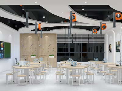 Modern Open Laboratory Interior Design With Tables Chairs Equipment Hanging Lights And Blackboard 3d model