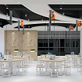 Modern Open Laboratory Interior Design With Tables Chairs Equipment Hanging Lights And Blackboard