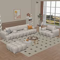 Modern White Sofa And Round Coffee Table Set With Decorative Pillows And Rug