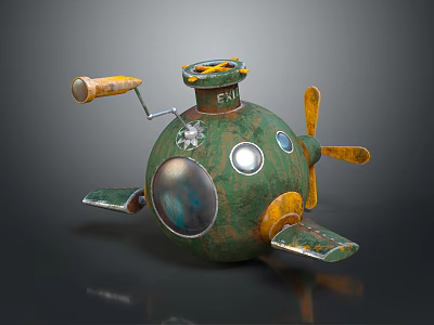 Vintage Green And Yellow Submarine With Round Observation Window Propeller And Hatch 3d model