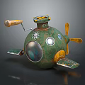 Vintage Green And Yellow Submarine With Round Observation Window Propeller And Hatch