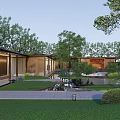 Modern Garden Landscape With Lush Trees Curved Pathway And Water Pond
