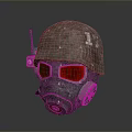 Worn Metallic Military Tactical Weapon Helmet With Gas Mask And Red Glowing Eyes