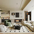 Modern Living Room Interior With Cream Sofa Green Armchair Fireplace And Geometric Rug