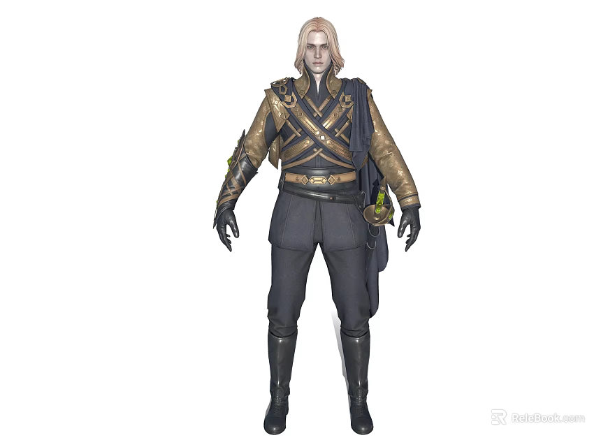 Blond Haired Fantasy Character In Ornate Armor With Shoulder Pads And Dark Boots 3d model 