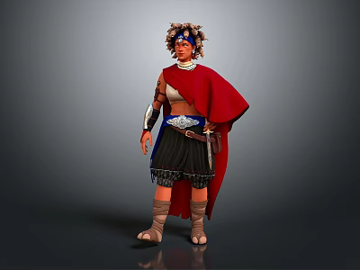 Fantasy Warrior Game Film Character With Red Cape Decorative Headpiece And Arm Guards 3d model
