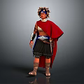 Fantasy Warrior Game Film Character With Red Cape Decorative Headpiece And Arm Guards