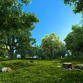 Scenic Lush Green Landscape With Tall Trees Sunny Blue Sky And Grass