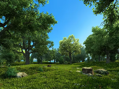 Scenic Lush Green Landscape With Tall Trees Sunny Blue Sky And Grass 3d model