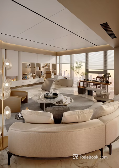 Modern Office Interior With Spacious Layout Large Windows City View Sofa Chairs Marble Table 3d model 