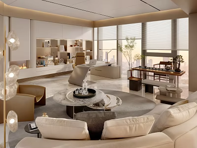 Modern Office Interior With Spacious Layout Large Windows City View Sofa Chairs Marble Table 3d model