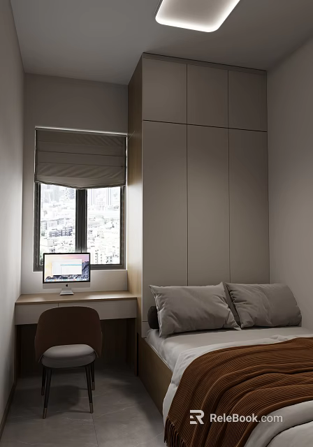 Modern Tatami Bedroom With Desk And Computer Window With Blind City View And Cabinet 3d model 