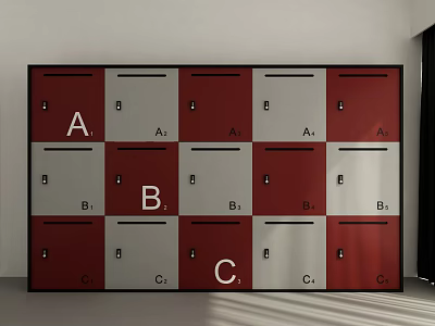 Red And Silver Labeled Lockers With A B C Sections And Numbered Compartments 3d model
