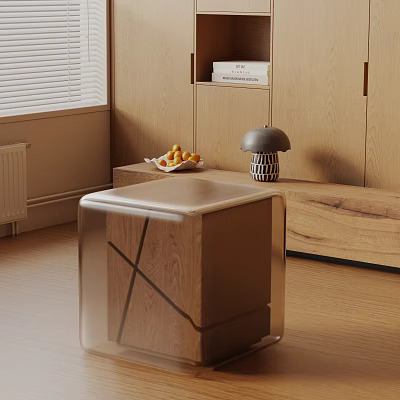Modern Wooden Side Table With Transparent Glass Top And Fruit Tray Near Cabinet Interior 3d model