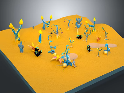 Cartoon Fantasy Scene With Yellow Ground Blue Plants Yellow Flowers And Small Black Creatures 3d model