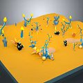 Cartoon Fantasy Scene With Yellow Ground Blue Plants Yellow Flowers And Small Black Creatures
