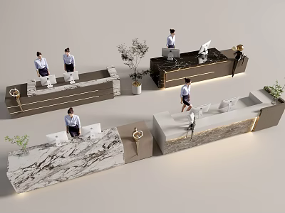 Modern Reception Desk Design With Marble Counter Staff Working Area And Green Plants 3d model