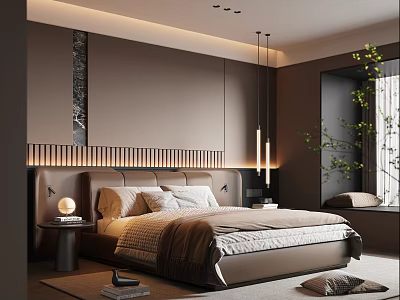 Modern Luxury Bedroom Interior With Upholstered Headboard Pendant Lights Soft Rug And Green Plant 3d model