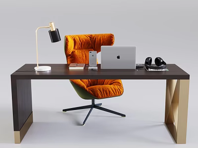 Modern Home Office Desk With Orange Chair Laptop Headphones And Table Lamp 3d model