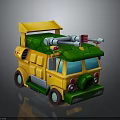 Yellow and Green Cartoon Style Toy Car with Roof Structure and Red Headlights
