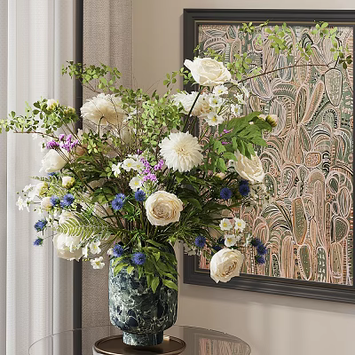 Elegant Interior Vase Flower Arrangement With White Blooms Blue Flowers Green Leaves 3d model