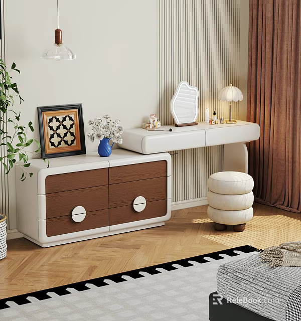 Modern White And Brown Dressing Table With Mirror Lamp Vase Decorations And Pouf Stool 3d model 