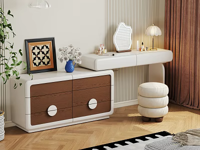 Modern White And Brown Dressing Table With Mirror Lamp Vase Decorations And Pouf Stool 3d model