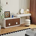 Modern White And Brown Dressing Table With Mirror Lamp Vase Decorations And Pouf Stool