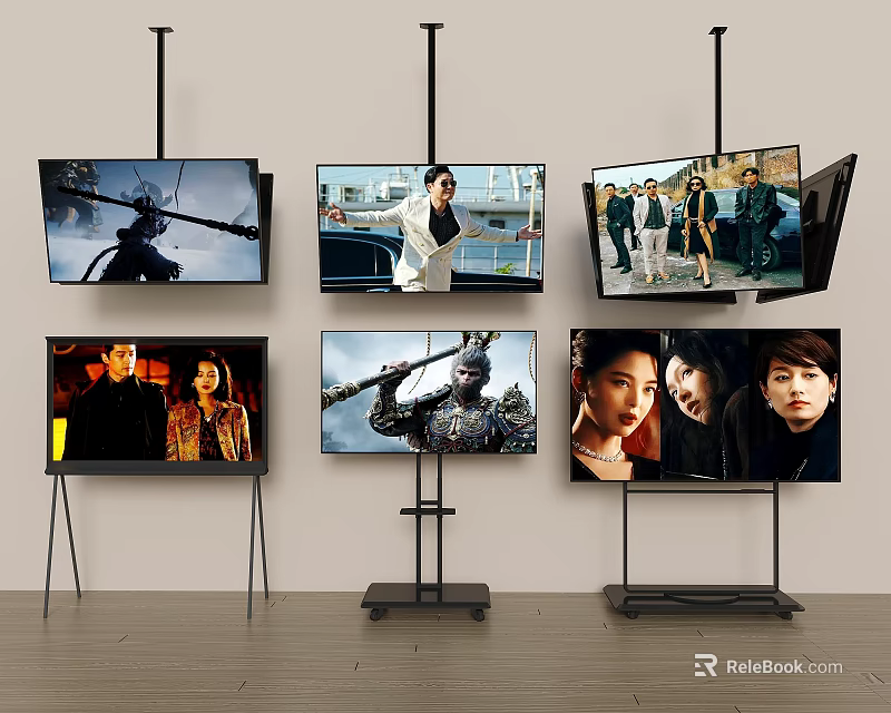 Multiple TVs Wall Mounted And On Stands Showing Different Video Scenes 3d model 