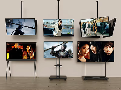 Multiple TVs Wall Mounted And On Stands Showing Different Video Scenes 3d model