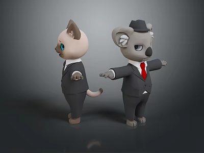 Game Movie Animal Characters Cat And Koala In Formal Suits With Hat And Red Tie 3d model