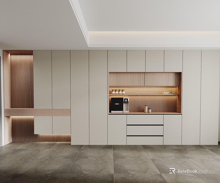 Modern Light Luxury Entryway And Side Cabinet Design With White Cabinets Drawers And Wooden Trim 3d model 