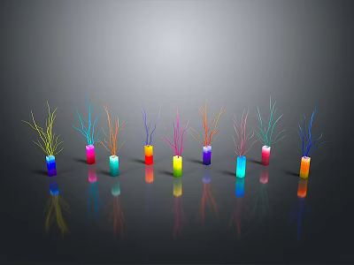 Colorful Decorative Household Items With Colored Sticks On Sleek Reflective Surface 3d model
