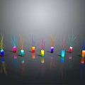 Colorful Decorative Household Items With Colored Sticks On Sleek Reflective Surface