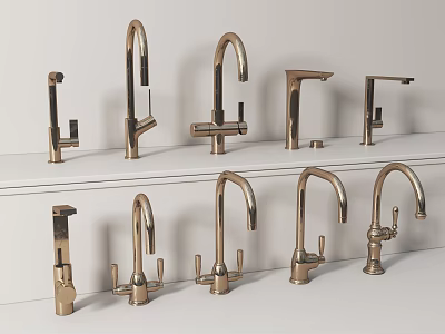 Multiple Brass Faucets of Different Styles Arranged on White Shelves 3d model